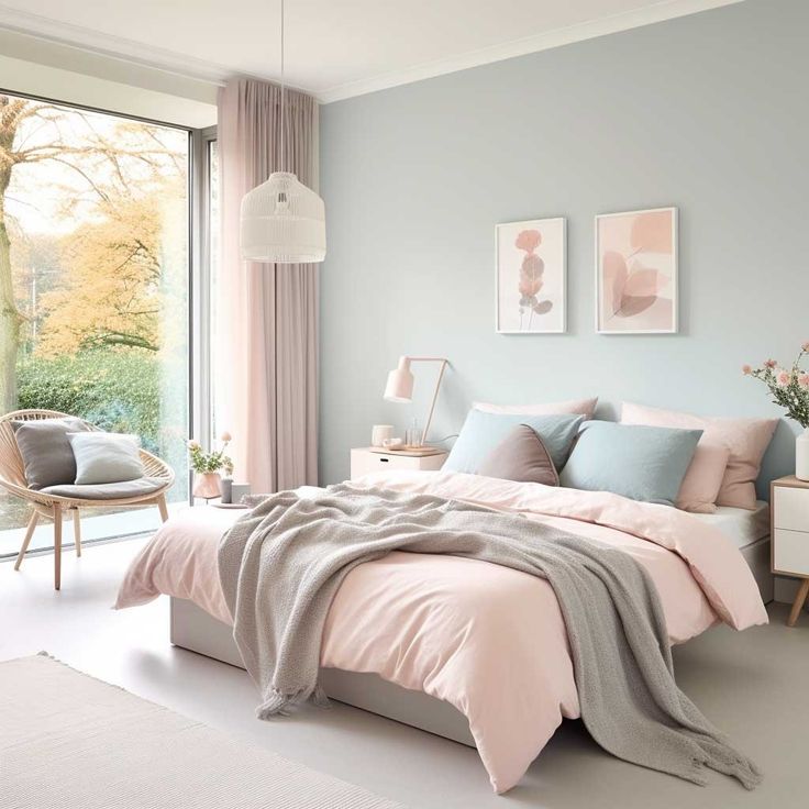 a bedroom with blue walls and pink bedding