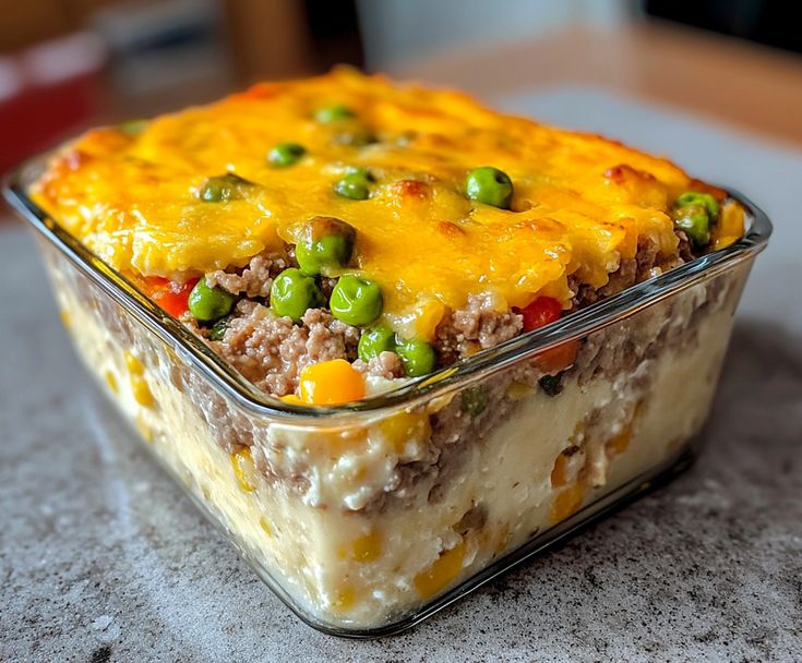 a casserole dish with peas, meat and cheese in it on a table