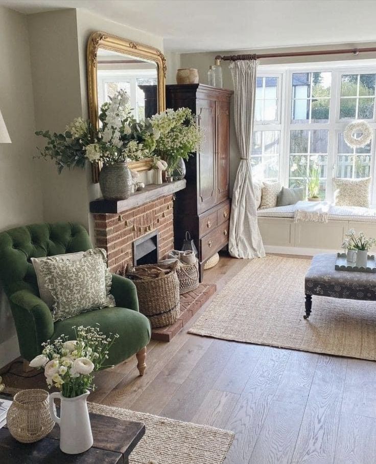 a living room filled with furniture and a fire place in front of a large window