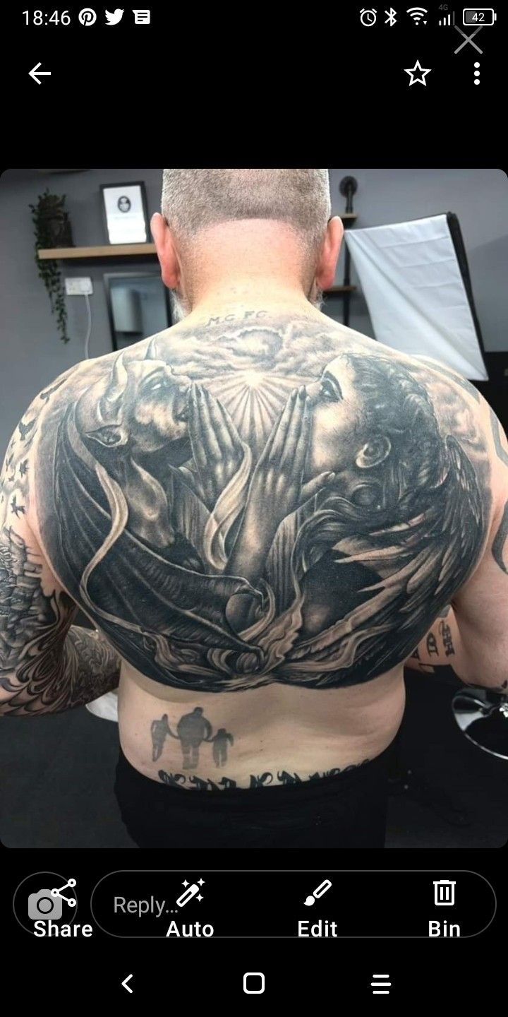 Devil/angel back tattoo Angel And Demon Back Tattoo, Angel And Devil Shoulder Tattoo, Devil Back Tattoo, Good Angel Bad Angel Tattoo, Bad Angel Tattoo, Angel And Devil Tattoo, Angel Back Tattoo, Angel Devil Tattoo, Chain Tattoo