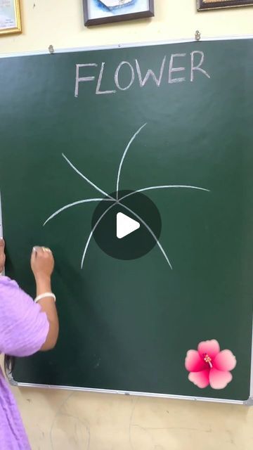 a woman writing on a blackboard with the word flower in front of her and a pink flower