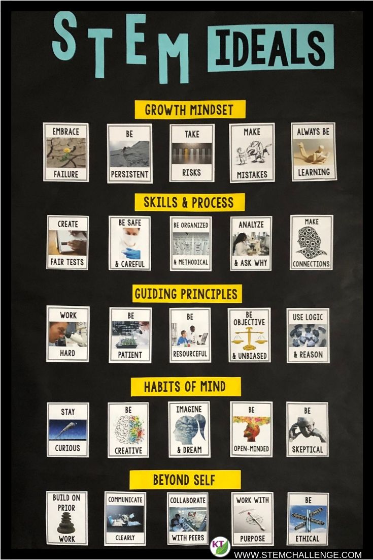 Why bring character education to STEM classrooms? The STEM ideals found throughout this series aim to identify the special way scientists, and really all STEM Pros, think and behave so we may better practice the traits ourselves – in (and hopefully beyond) STEM classes! Yes, growth mindset is an important piece, but it doesn't tell the whole story! Click through to the blog post to learn more! Stem Classroom Decor, Stem Bulletin Boards, Stem Posters, Science Discovery, Steam Classroom, Steam Lab, Classroom Items, Stem Classes, Science Week