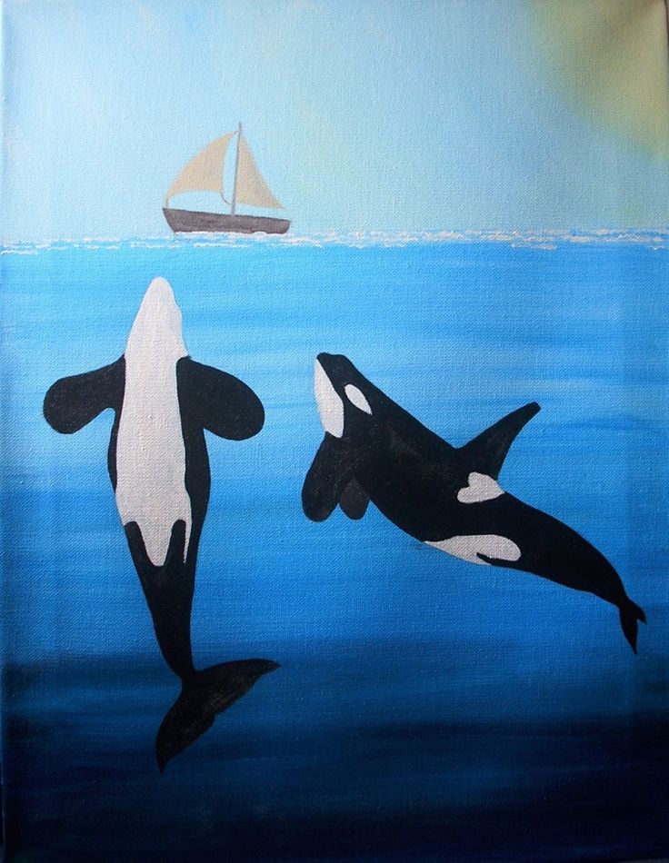 an acrylic painting of two orca whales and a sailboat