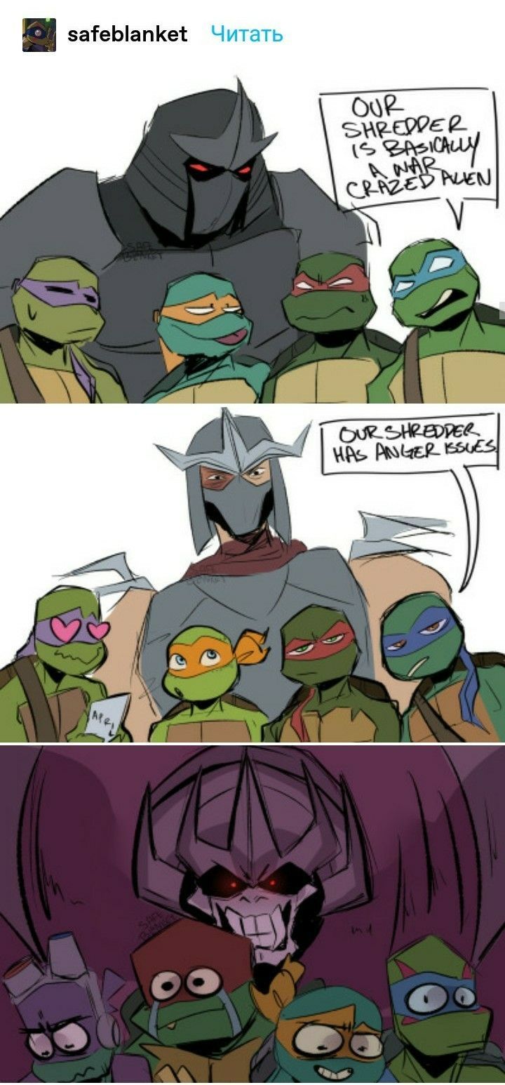 turtles and ninjas are talking to each other in the same comic strip, with caption