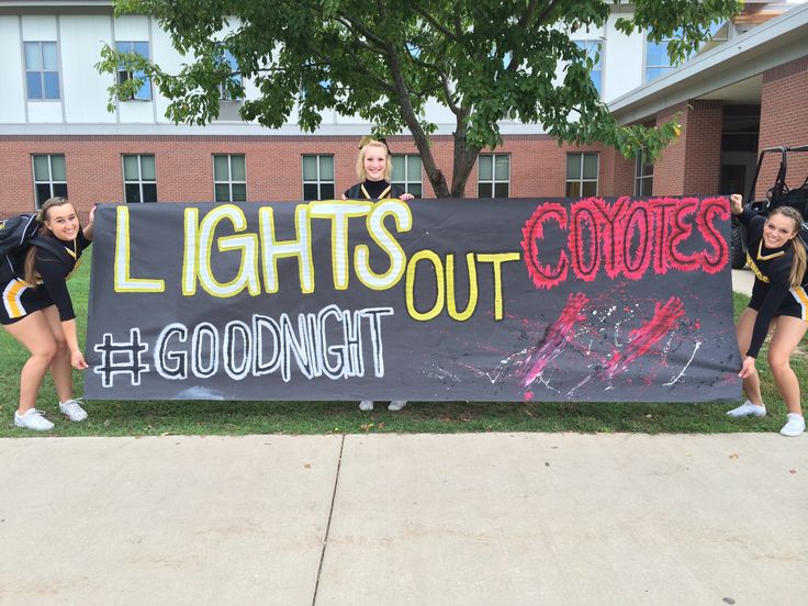 three cheerleaders holding a sign that says lights out, good night