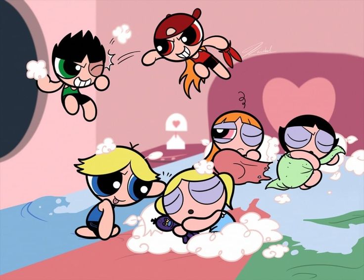 the powerpuff girls cartoon is flying through the air