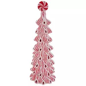 a red and white christmas tree ornament with candy canes on it's top