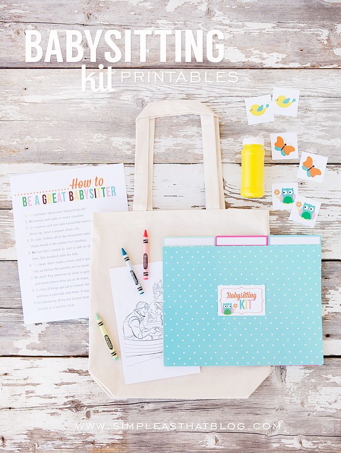 a babysitting kit sitting on top of a wooden table next to a bag