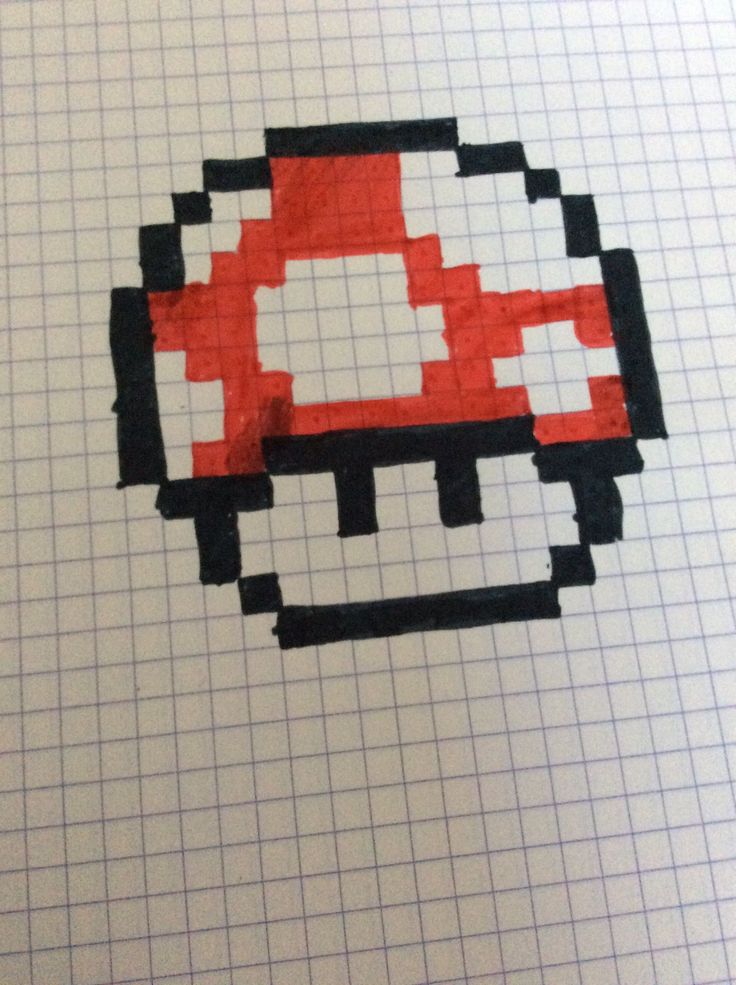 an image of a pixelated mario mushroom in red, white and black on graph paper