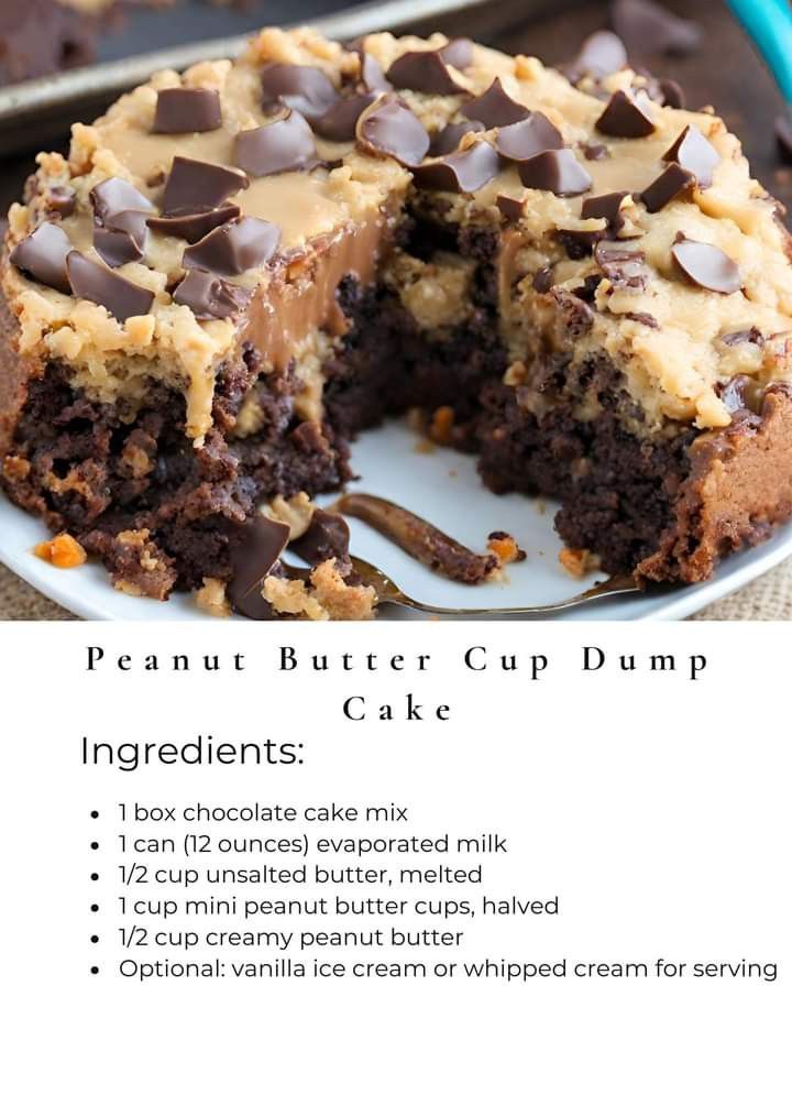 a chocolate cake with peanut butter cup dumps on top and an info sheet below