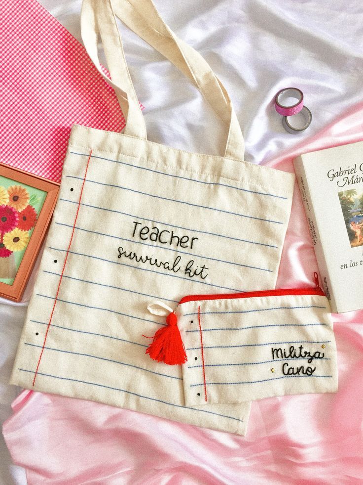 an image of teacher survival kit on the bed with books and sewing supplies tote bag