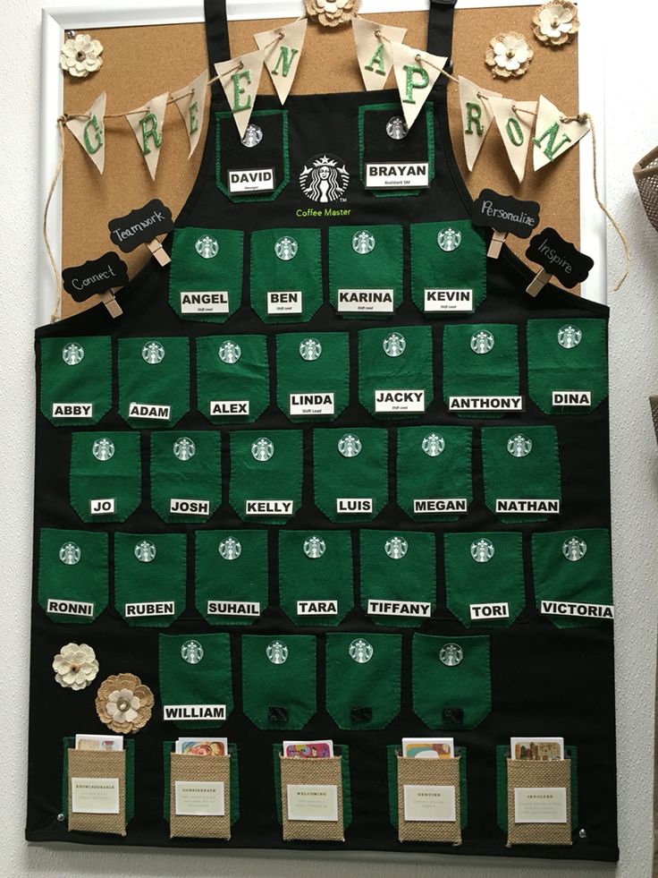 a bulletin board made to look like a starbucks coffee cup display with cups and medals on it