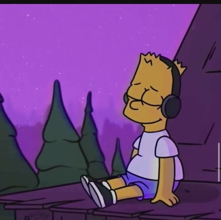 a cartoon character with headphones on sitting in front of trees and looking at the sky