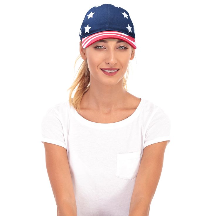 6 Panel with Structured Front Panel Custom Printed Stripes on Bill Custom Printed Stars on Hat Adjustable Fits S, M, L 100% Cotton Snapback Closure Show your USA Pride with a patriotic USA Style Cap. This hat is made with Cotton so it is lightweight and well ventilated for your head. It features our Stars and Stripes theme with a classic thick braid across the brim. Designed to fit almost any head, this hat also has an adjustable strap closure in the rear, in case you need a some extra room, and Casual Baseball Cap For 4th Of July, Casual White Baseball Cap For 4th Of July, Casual 4th Of July Baseball Cap, American Style Curved Brim Baseball Cap For Memorial Day, White Curved Brim Baseball Cap For 4th Of July, 4th Of July Casual Curved Brim Snapback Hat, Casual Trucker Hat For 4th Of July, Casual Curved Brim Snapback Hat For 4th Of July, Casual Snapback Cap For 4th Of July