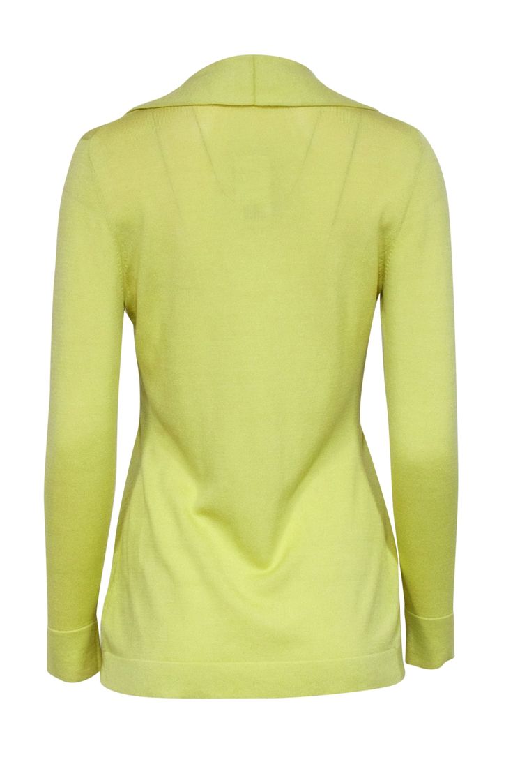 This Lafayette 148 cardigan is the perfect pick-me-up for your wardrobe! Its fun chartreuse hue and playful ruffled collar will instantly add a pop of color and cozy-cute vibes to any ensemble. With a tie-front closure, it's the ideal layer piece to take your look from basic to bold! Size S 51% Cotton, 49% Viscose Tie front Ruffled collar Bust 32.5" Waist 28" Shoulder to hem 26.5" Sleeve length 24.5" Spring Solid Color Fine Knit Outerwear, Spring Fine Knit Outerwear, Yellow Turtleneck Top For Spring, Solid Fine Knit Outerwear For Spring, Trendy Turtleneck Cardigan For Spring, Yellow Spring Workwear Cardigan, Chic Spring Turtleneck Cardigan, Spring Workwear Turtleneck Cardigan, Spring Turtleneck Cardigan For Workwear