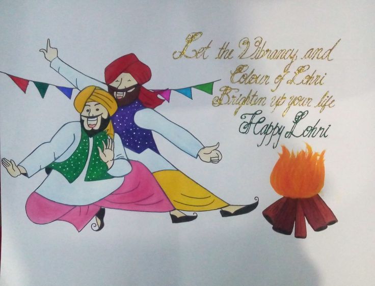 a drawing of two people dancing in front of a campfire with the words happy lohri written on it