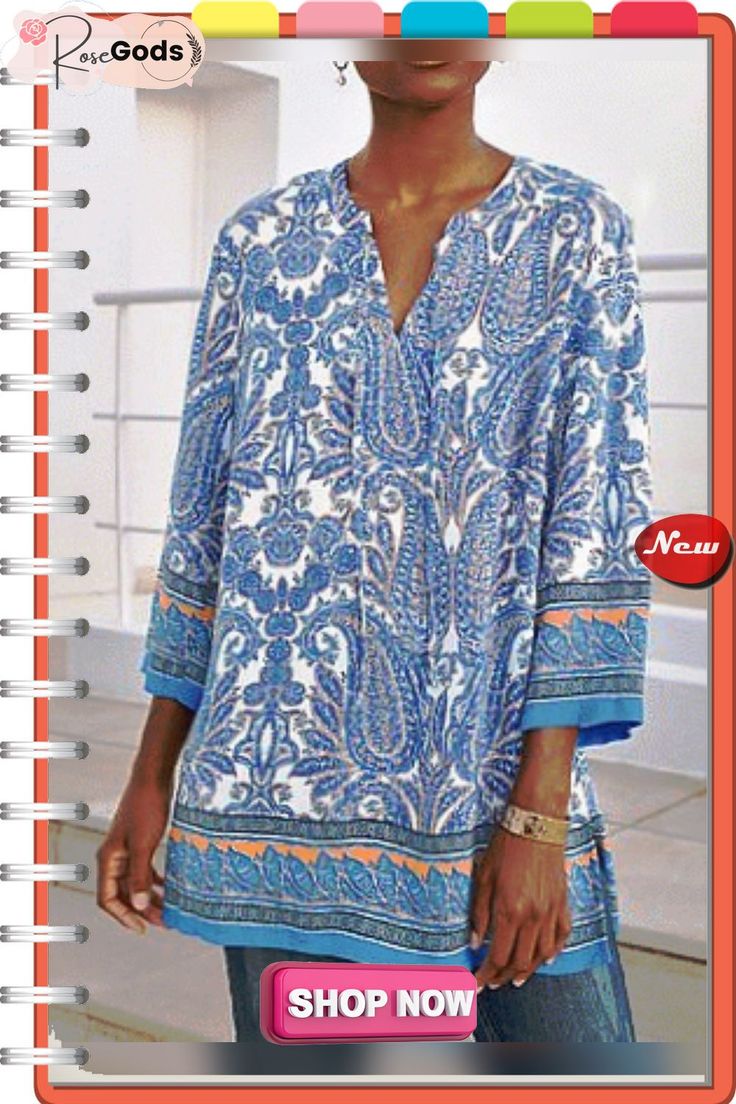 Paisley V Neck Casual Loose Blouse Printed Split Neck Blouse For The Beach, Casual Split Neck Blouse For Vacation, Summer Paisley Print V-neck Blouse, Summer V-neck Paisley Print Blouse, Non-stretch Printed Blouse For Beach, Paisley Print V-neck Vacation Tops, Blue Paisley Print Casual Blouse, V-neck Tops With Paisley Print For Vacation, V-neck Paisley Print Tops For Vacation