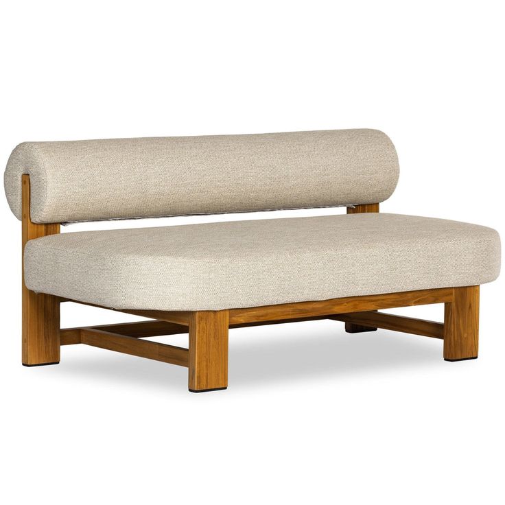 a wooden bench with a beige upholstered seat