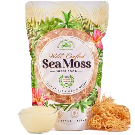 the sea moss is next to a glass of milk and some other items on a white background