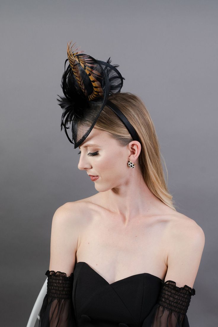 "Fascinator in BLACK with pheasant feather loop. Fastens with matching satin headband. Perfect for your wedding, church, horse races, formal events and tea parties! -Available in other colors -Light and comfortable to wear -Ready to ship -Group discount on 4 or more pieces Check out our men's tie collection! Find one to match your hat! Plain, floral and plaid bow ties and neck ties available here: https://www.etsy.com/shop/TheHatHive?ref=seller-platform-mcnav&section_id=18551844 I understand Gatsby Style Feather Fascinator For Party, Gatsby Style Party Fascinator With Feathers, Black High Crown Top Hat For Races, Elegant Adjustable Headpieces For Costume Party, Ostrich Feather Headpiece For Kentucky Derby Party, Ostrich Feather Headpieces For Kentucky Derby Party, Feather Trim Fascinator For Royal Ascot Races, Ostrich Feather Fascinator For Kentucky Derby Evenings, Evening Feather Hat Headpiece