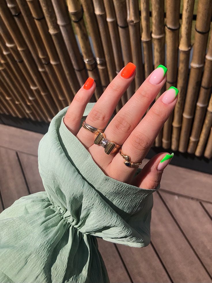 Green And Orange Nail Designs, Summer Nails 2022 Short, Green Orange Nails, Orange Green Nails, Nails 2022 Short, Green And Orange Nails, Orange And Green Nails, Square Nail Shape, Short Square Nail