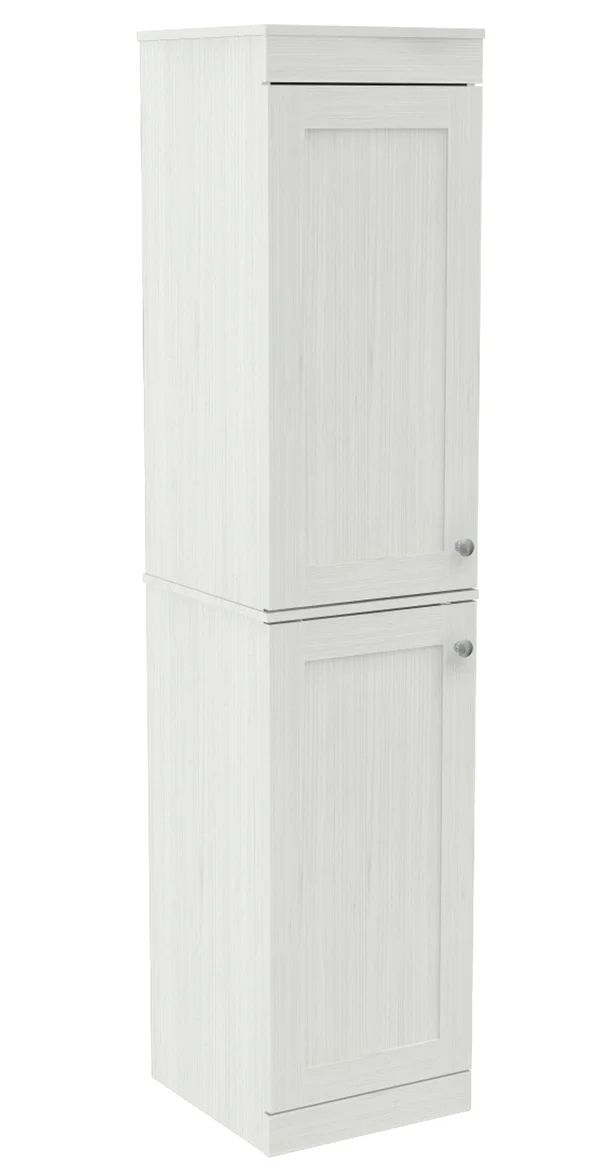 a tall white cabinet with two doors