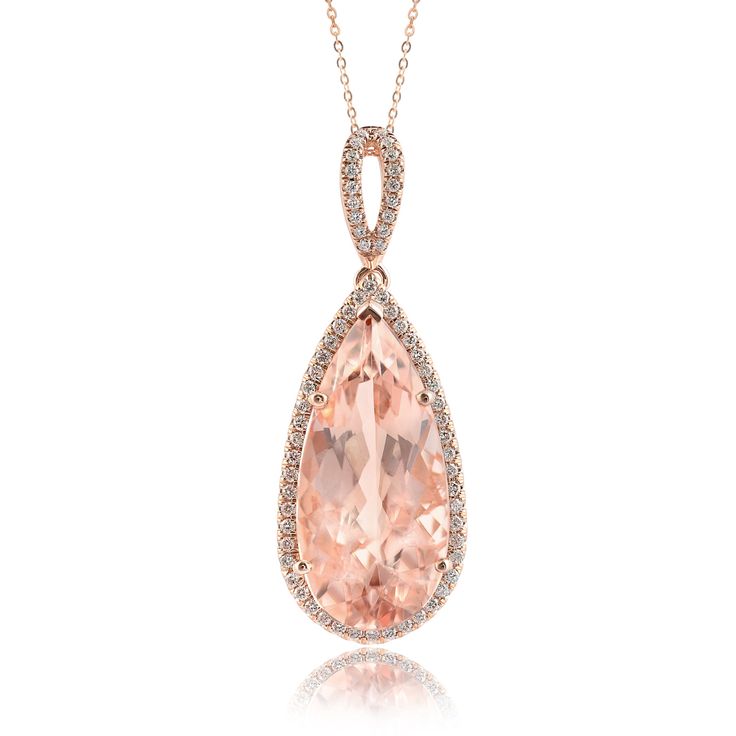 Lovely gemstone set in rose gold, this 8.25 carat mystical Morganites add a touch of fresh sexiness to this pendant. Set in 14K gold, there will be no denying the durability of this pendant paired with the everlasting salmon colored beryl. Although cousin to the Emerald, Morganites are very different and are exceptionally clear making this gem a treat to look at. Paired with diamonds upon an intricate gold mesh, this pendant will be eternally trendy. PCK30156-MORG #381955 Morganite Necklace, Color Stones Jewelry, Morganite Jewelry, Morganite Pendant, Pink Morganite, Rose Gold Chain, Rose Gold Pendant, Pendant Design, Diamond Fashion