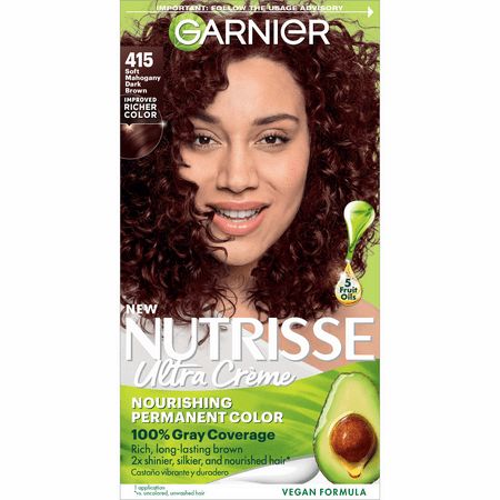 Garnier Nutrisse Nourishing Hair Color Creme, 415 Soft Mahogany Dark Brown, Garnier Nutrisse nourishing hair color creme nourishes with a blend of avocado, olive, and shea oil while delivering rich, radiant, long-lasting hair color and 100% gray coverage. Hair is 3X more nourished and there is 4X less breakage than untreated hair. Garnier Nutrisse is the only hair color creme with a separate ampoule of grapeseed oil that you snap and pour directly into your mix. Pure pigments give you rich, shin Garnier Nutrisse Hair Color, Garnier Hair Color, Raspberry Truffle, Dark Fall Hair Colors, Dark Fall Hair, Grey Hair Coverage, Color Conditioner, Covering Gray Hair, Spring Hair Color