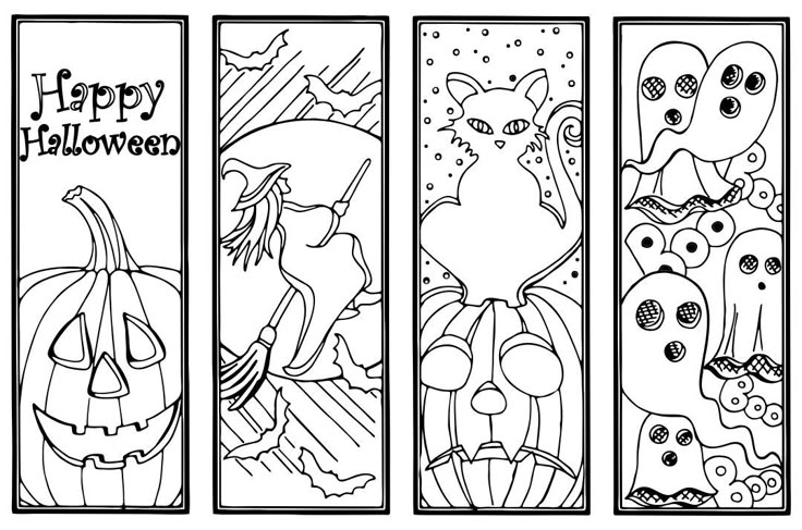 three halloween bookmarks with the words happy halloween and two pumpkins in black and white