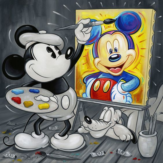 a painting of mickey mouse holding a paintbrush in front of an easel with his face on it