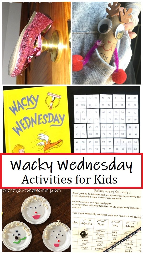 the words wacky wednesday activities for kids are shown in this collage with pictures