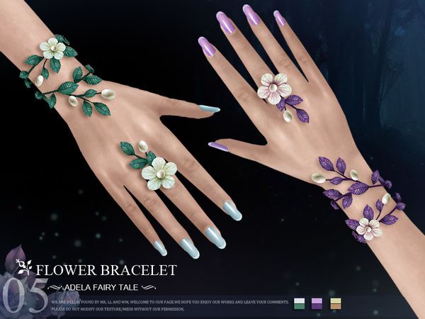 two hands with flowers and leaves on them, one is wearing purple nail polishes