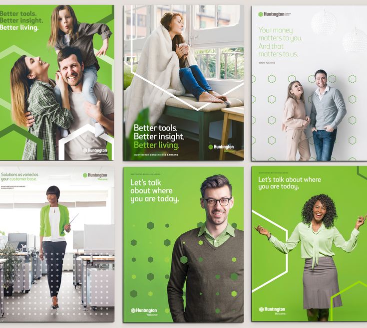 four different brochures with images of people in green and white colors on them