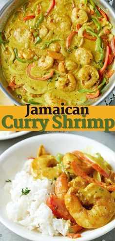 jamaican curry shrimp in a white bowl with rice and garnish