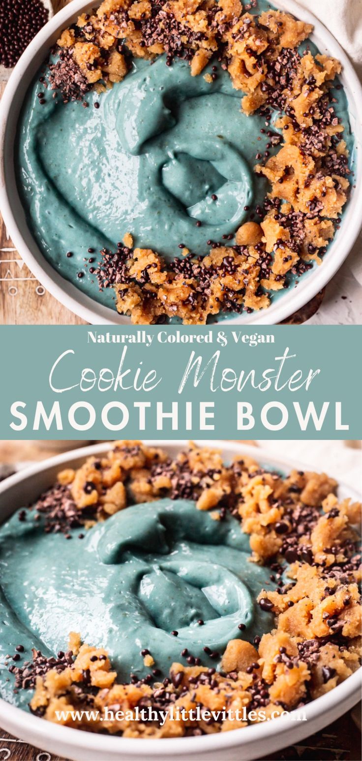 cookie monster smoothie bowl with blue frosting in it