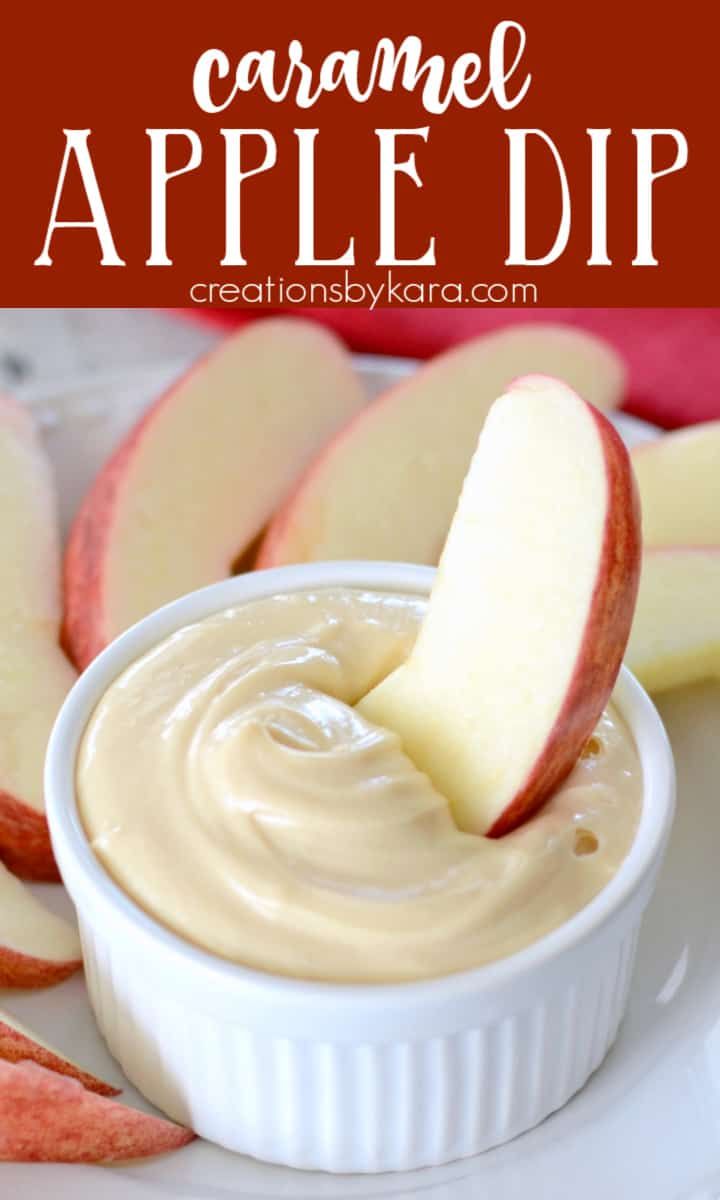 caramel apple dip in a small white bowl with an apple slice sticking out of it