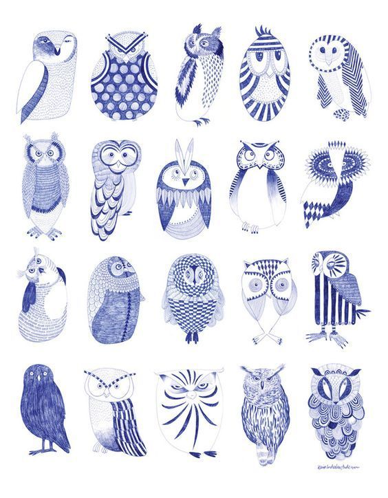 an image of many different owls in blue and white