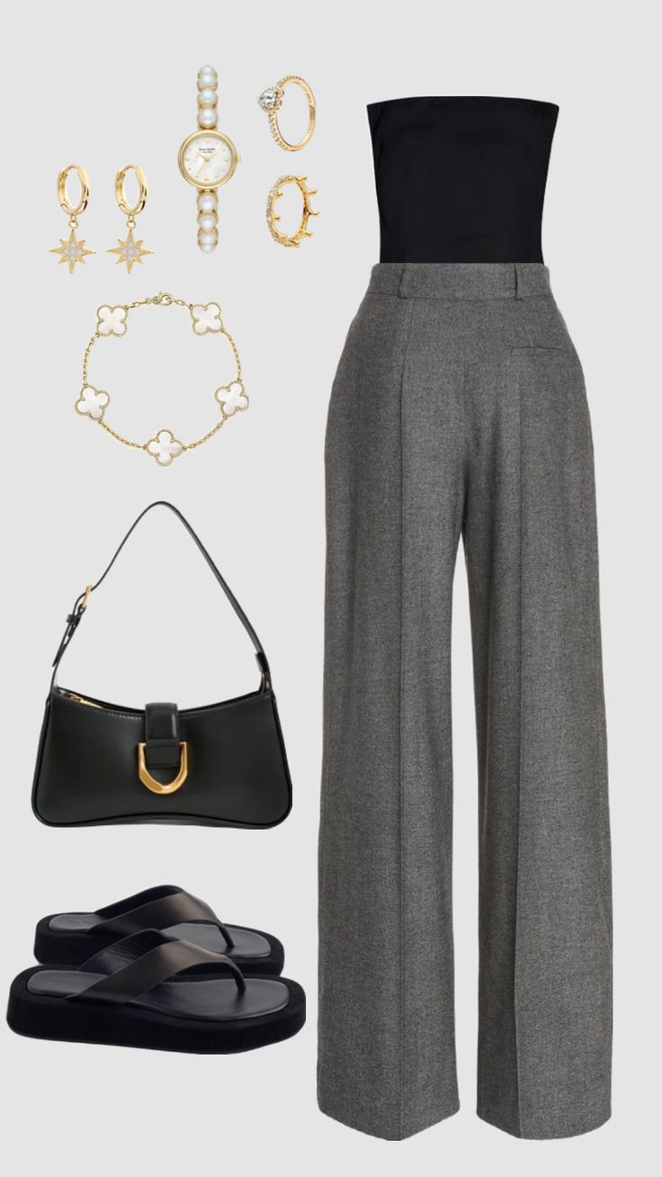 Elegance Dress, Elegant Evening Wear, Chic Streetwear, Classy Fashion, Grey Trousers, Chunky Sandals, Looks Street Style, Classy Casual, Casual Chic Outfit