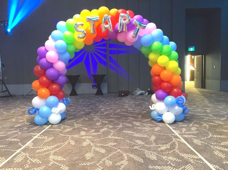 an arch made out of balloons with the word party on it