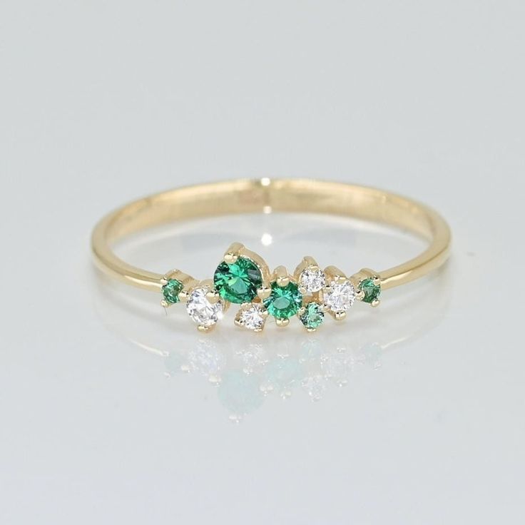 14k Solid Gold Emerald Cluster Ring / Real Gold Dainty Emerald - Etsy Green 14k Gold Cluster Ring For Anniversary, Anniversary 14k Gold Green Cluster Ring, Green Cluster Multi-stone Jewelry, Green Multi-stone 14k Gold Diamond Ring, Green Multi-stone Diamond Ring In 14k Gold, Cluster Emerald Jewelry In Yellow Gold, Multi-stone Green Diamond Ring In 14k Gold, Green Cluster Diamond Jewelry, Green Diamond Cluster Jewelry