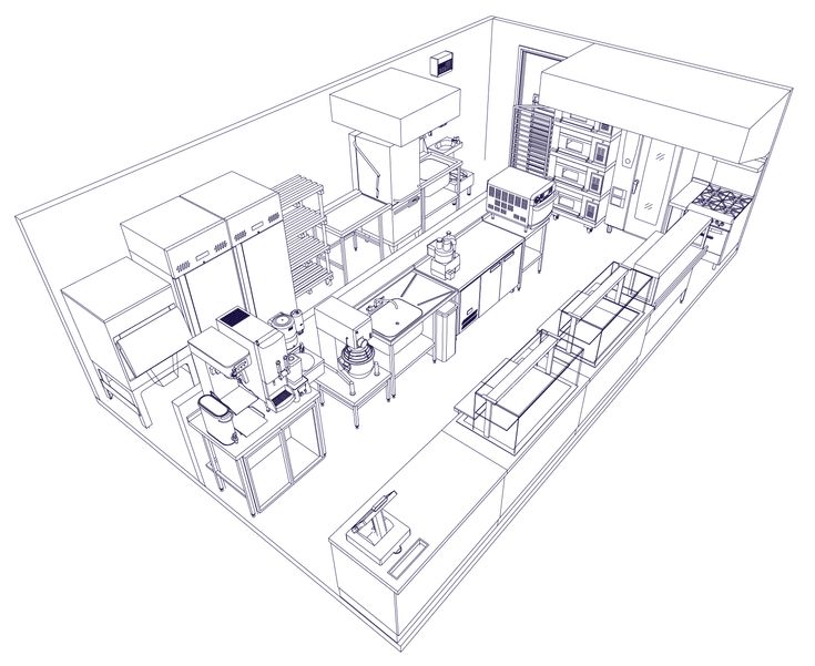 an architectural drawing of a kitchen and living room in one point perspective, with all the appliances visible