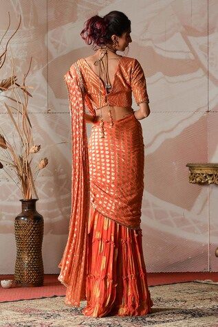 Rust orange banarasi georgette pre-draped sharara saree with circular motifs embroidery. Comes with a banarasi brocade blouse with cutdana hand work. - Aza Fashions Fitted Draped Sharara With Pallu, Navratri Draped Sets With Cutdana, Navratri Draped Cutdana Sets, Traditional Draped Cutdana Blouse Piece, Draped Choli With Zari Work For Festivals, Unstitched Draped Choli For Festivals, Traditional Draped Cutdana Dupatta, Festive Draped Choli With Unstitched Blouse, Traditional Draped Blouse Piece With Cutdana