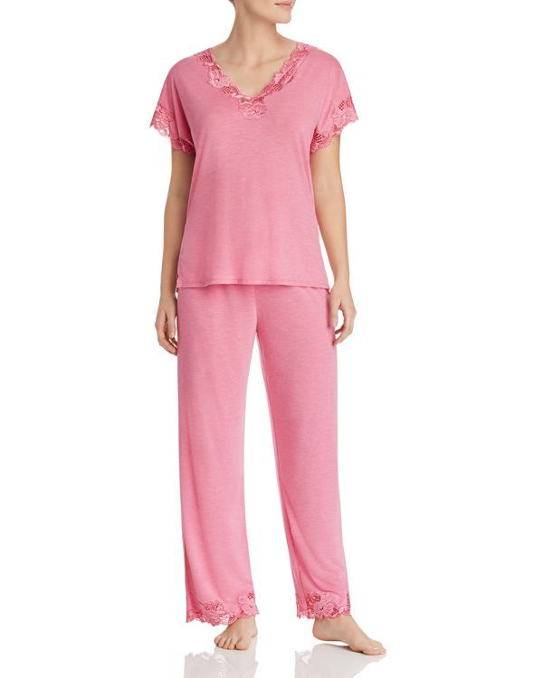 Natori Zen Floral Lace-Trim Short Sleeve Pajama Set Feminine Short Sleeve Loungewear Sets, Casual Loungewear Sets With Lace Trim, Spring Sets With Lace Trim And Short Sleeves, Feminine Short Sleeve Sleep Sets, Spring Lace Trim Short Sleeve Set, Spring Short Sleeve Set With Lace Trim, Spring Short Sleeve Sets With Lace Trim, Pink Lace Trim Sets For Loungewear, Feminine Lace Trim Short Sleeve Sleepwear