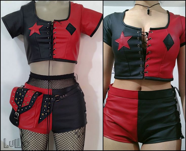 Full costume ❤️ Includes: hot pants, crop top, funny pack, custom made set, if you need to change something of the design or have any questions please write to us, I will be happy to help you ☺️. the design of the star tache on the fanny pack may vary. If you chose size L, we will send you a message to confirm the measurements. SHIPPING INFORMATION: shipping take 7 to 15 business days shipping to the rest of the world please contact us :) Black Crop Top For Cosplay, Halloween Cosplay Fitted Crop Top, Fitted Crop Top For Halloween Cosplay, Harley Quinn Diy, Wrestling Outfits, Harley Quinn Costume, Two Piece Pants Set, High Fashion Outfits, Costume Outfits