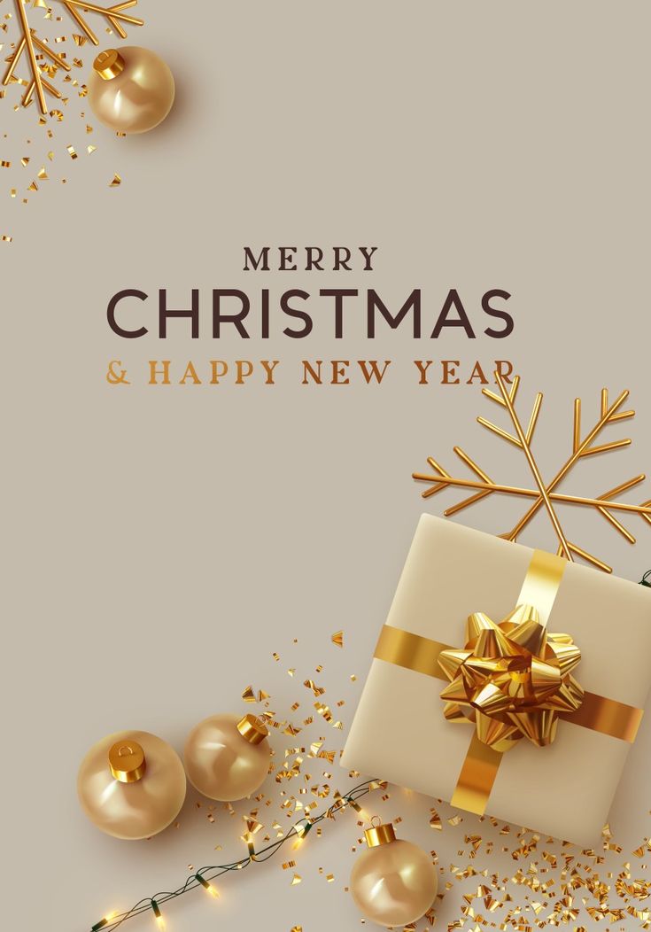 merry christmas and happy new year greeting card with gift box, golden baubles and snowflakes