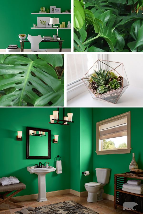 the bathroom is painted bright green and has lots of greenery in it, including plants