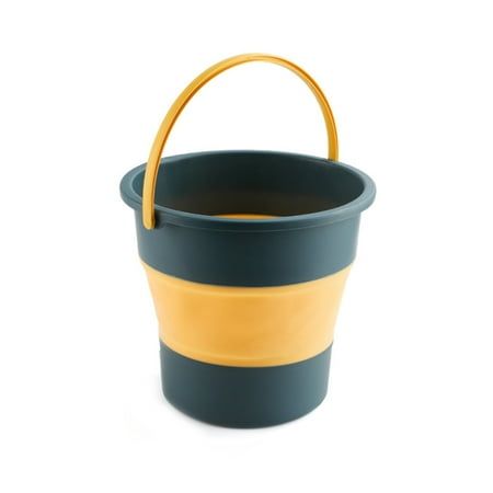 a blue and yellow bucket with handle on a white background for use as a planter