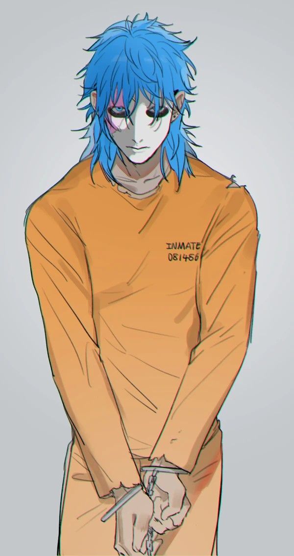 an anime character with blue hair and piercings on his arm, holding a knife