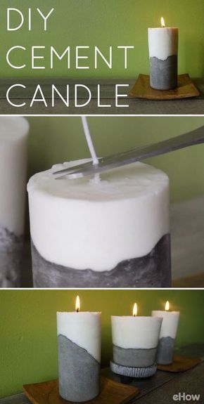 three candles with the words diy cement candle next to it and two pictures of them