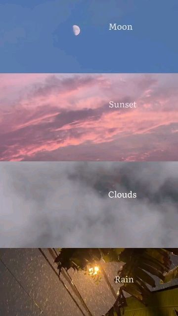 three different types of clouds with the moon in the sky and sun setting behind them